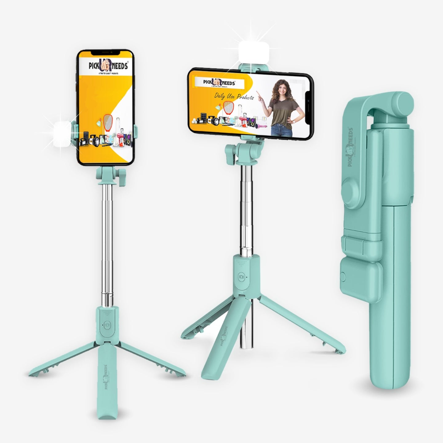 Pick Ur Needs Best Quality Flash Light Tripod with Amazing Detachable Remote Bluetooth Selfie Stick  (Blue, Remote Included)